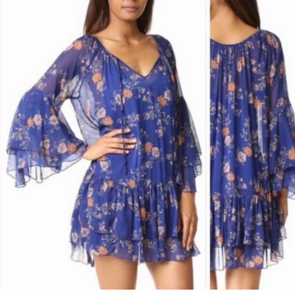 Free People Sunsetter Blue Floral Peasant Mini Dress Boho Bell Sleeve